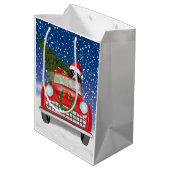 Sac Cadeau Moyen Bordure Collie Chien Conduite Voiture En Neige Noë (Dos Angle)