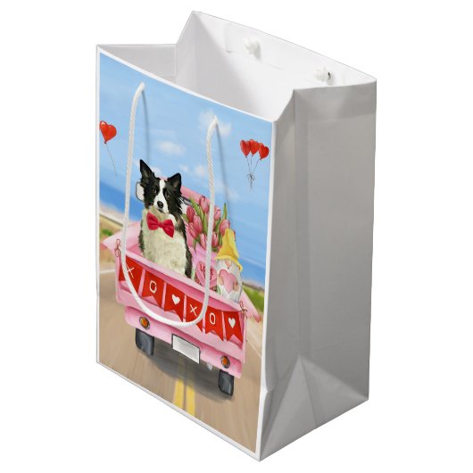 Sac Cadeau Moyen Bordure Collie Chien Saint Valentin Coeurs de cami (Devant Angle)