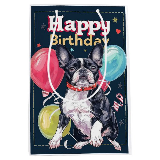 Sac Cadeau Moyen Boston Terrier avec ballons (Devant)
