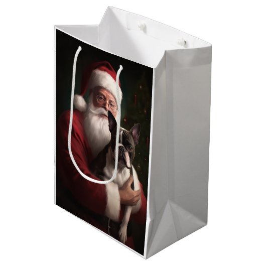 Sac Cadeau Moyen Boston Terrier avec Noël Festif du Père Noël (Devant Angle)