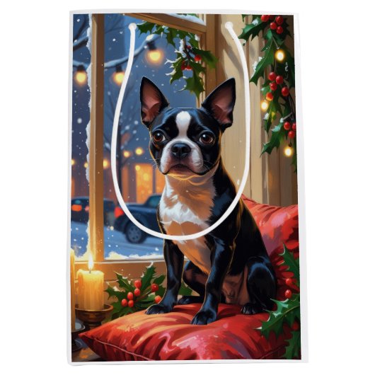 Sac Cadeau Moyen Boston Terrier avec Noël Lumières (Devant)