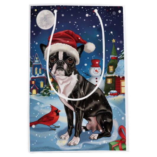 Sac Cadeau Moyen Boston Terrier Dog Winter Wonderland Noël Joie (Devant)