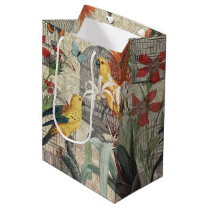 Sac Cadeau Moyen Botanique Vintage Oiseaux Nature Tropical Antique