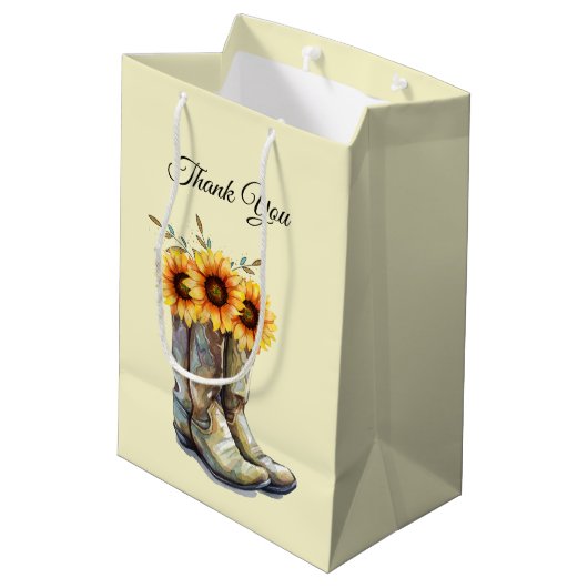 Sac Cadeau Moyen Bottes rustiques Cowboy avec Merci de tournesol (Dos Angle)