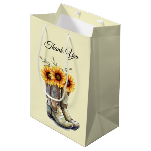 Sac Cadeau Moyen Bottes rustiques Cowboy avec Merci de tournesol (Devant Angle)