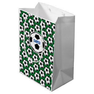 Sac Cadeau Moyen Boules de soccer blanc noir vert Nom personnalisé