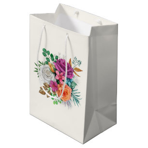 Sac Cadeau Moyen Bouquet floral rose, orange et blanc
