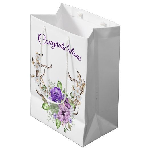 Sac Cadeau Moyen Bouquet mariage d'aquarelle Deer Antler (Devant Angle)