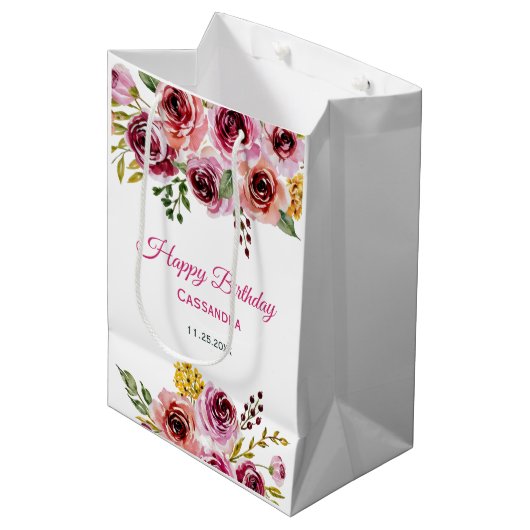Sac Cadeau Moyen Bourgogne violet Rose Rustique Floral Anniversaire (Devant Angle)