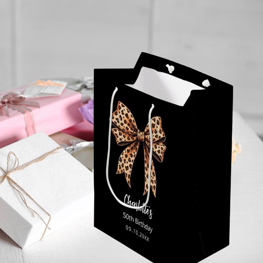 Sac Cadeau Moyen Bow empreinte de léopard noir fête d'anniversaire