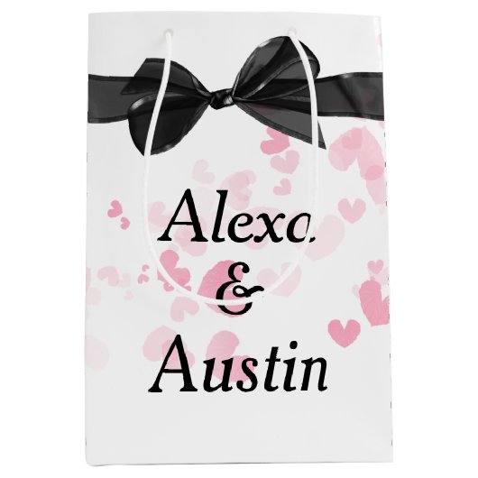 Sac Cadeau Moyen Bow Mariage Noir Sur Blanc Avec Coeurs (Devant)