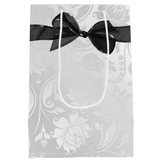 Sac Cadeau Moyen Bow noir sur Damas blanc Mariage (Dos)