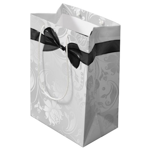 Sac Cadeau Moyen Bow noir sur Damas blanc Mariage (Dos Angle)