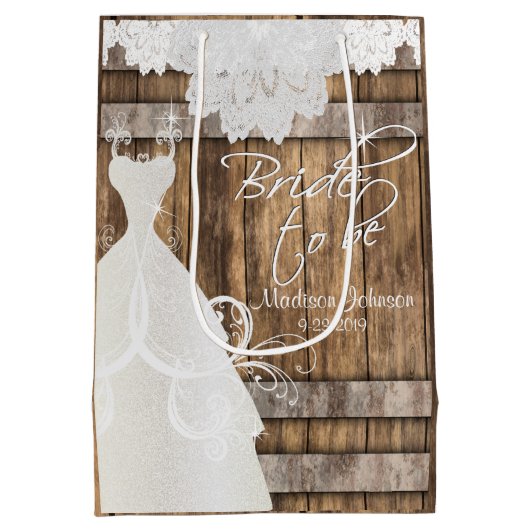 Sac Cadeau Moyen Bride to Be - Rustic Bois Barrel and Lace Design (Dos)