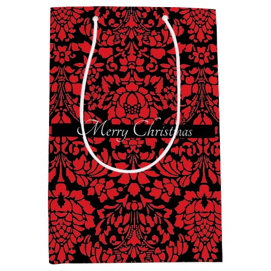 Sac Cadeau Moyen Brocade de Noël rouge foncé avec bande de texte (Devant)