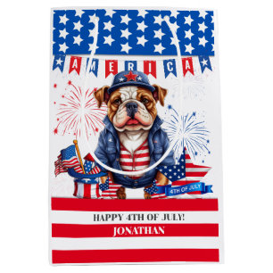 Sac Cadeau Moyen Bulldog Happy 4 juillet Fête de l'Indépendance amé