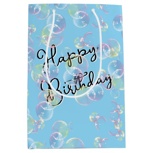 Sac Cadeau Moyen Bulles De Savon D'Anniversaire Sur Bleu Léger (Devant)