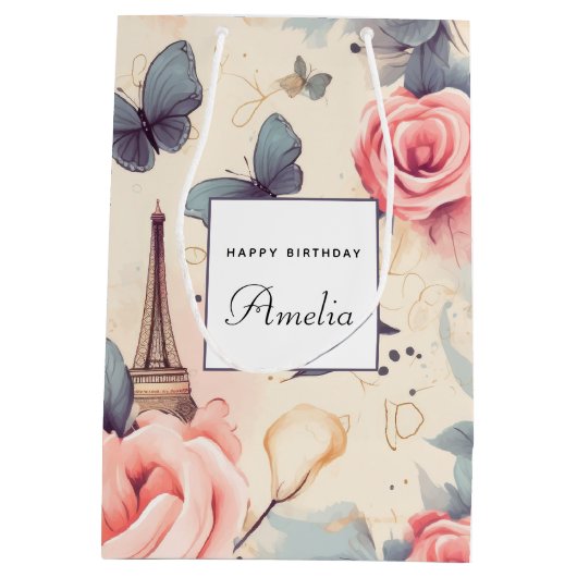 Sac Cadeau Moyen Butterfly Tour Eiffel et Motif Rose Anniversaire (Dos)