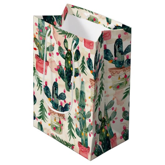 Sac Cadeau Moyen cactus aquarelle lumières de noël pour don (Devant Angle)