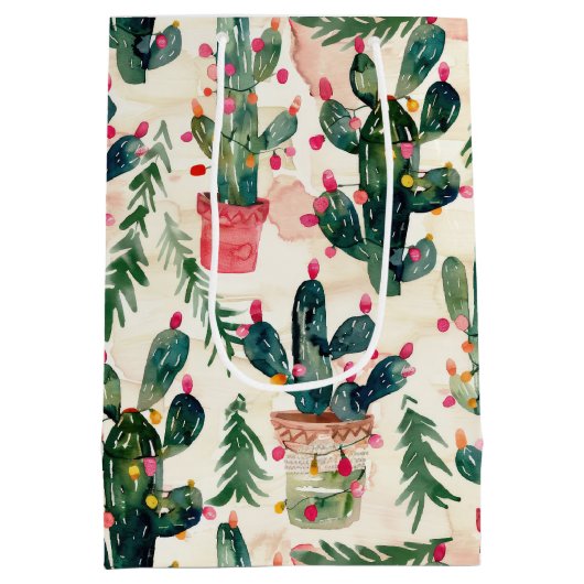 Sac Cadeau Moyen cactus aquarelle lumières de noël pour don (Dos)