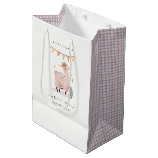 Sac Cadeau Moyen Cactus Boho Llama mignonne violet plaid Baby showe (Devant Angle)