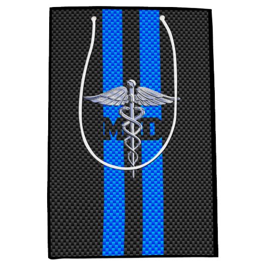 Sac Cadeau Moyen Caducée du médecin DM sur les rayures bleues (Devant)