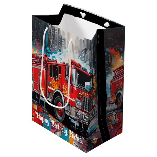 Sac Cadeau Moyen Camion d'incendie Pop Art en ville (Devant Angle)