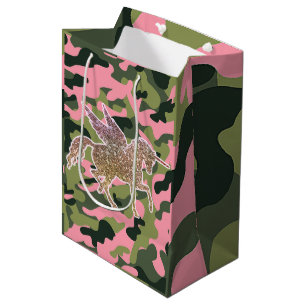 Sac Cadeau Moyen Camouflage rose vert & Parties scintillant or Unic