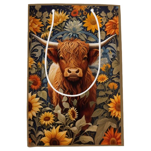Sac Cadeau Moyen Campagne rustique Highland Cow Sunflowers (Devant)
