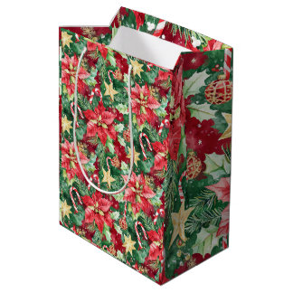 Sac Cadeau Moyen Canne de bonbons floraux de fêtes rouge et vert