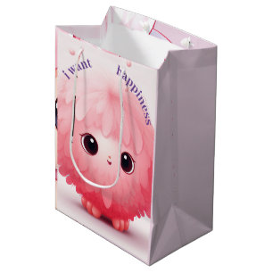 Sac Cadeau Moyen Caractère de dessin de Furball rose gros yeux Moye