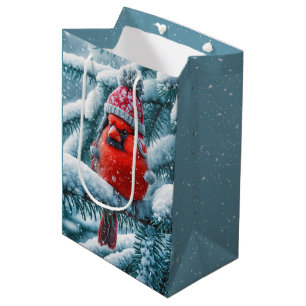 Sac Cadeau Moyen Cardinal rouge de Noël portant un chapeau d'hiver
