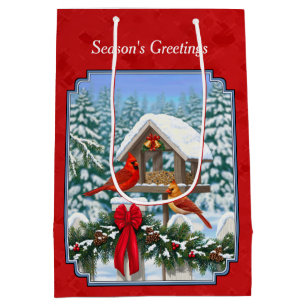Sac Cadeau Moyen Cardinaux de Noël Mangeoire Rouge