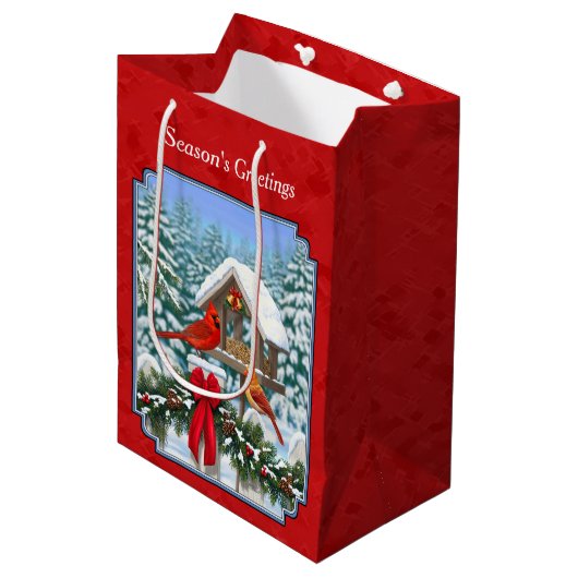 Sac Cadeau Moyen Cardinaux Noël Birdfeeder Rouge (Devant Angle)