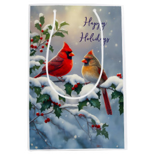 Sac Cadeau Moyen Cardinaux rouges et houx dans la neige