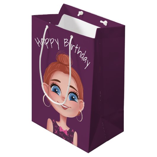 Sac Cadeau Moyen Caricature Anniversaire Fille sur violet (Devant Angle)