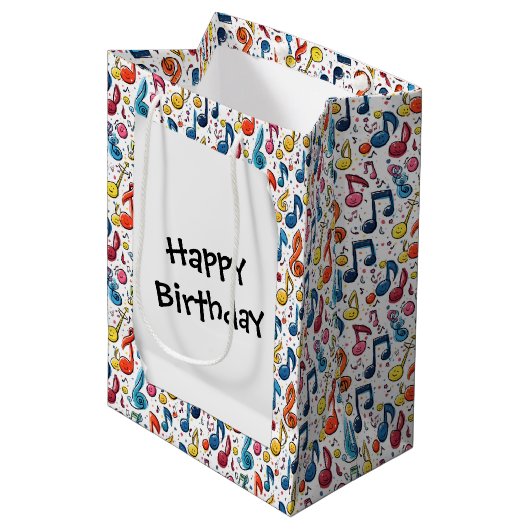 Sac Cadeau Moyen Caricature d'anniversaire Notes musicales (Devant Angle)