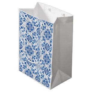 Sac Cadeau Moyen Carreaux Portugais Floral Méditerranéen Bleu