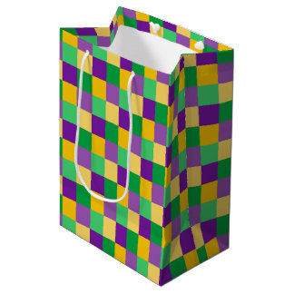 SAC CADEAU MOYEN CARRÉS MARDI GRAS VERT JAUNE VIOLET