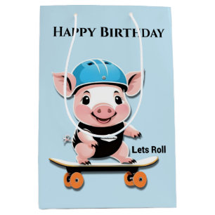Sac Cadeau Moyen Cartoon Baby Pig Skateboard Lets Roll,