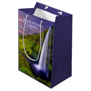 Sac Cadeau Moyen Cascade Islandaise Photo de Naissance Verte de la