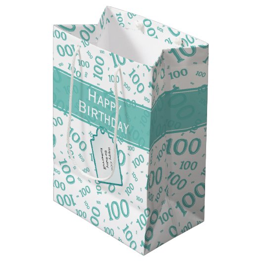 Sac Cadeau Moyen Centenarian 100e Turquoise Motif de nombre aléatoi (Devant Angle)