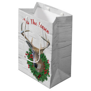 Sac Cadeau Moyen Cerf Dans La Couronne De Noël Sur Birch