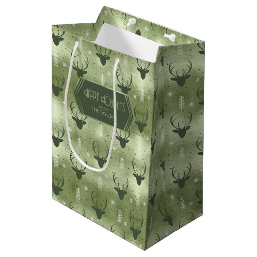 Sac Cadeau Moyen Cerfs Antlers Flèches Motif de Noël Vert ID861 (Devant Angle)