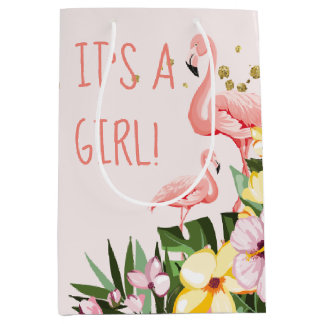 Sac Cadeau Moyen C'est une fille ! Flamant rose Tropical Floral Gol