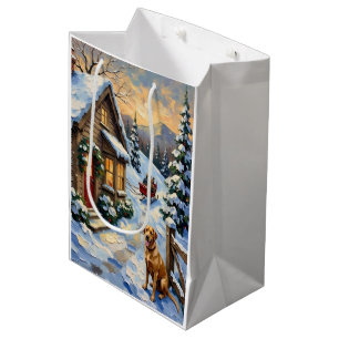 Sac Cadeau Moyen Chalet de Noël vintage avec Labrador Retriever