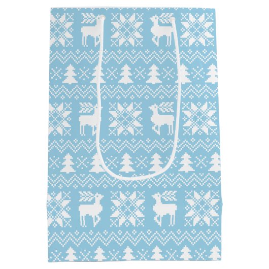 Sac Cadeau Moyen Chandail de Noël bleu traditionnel Design hivernal (Dos)