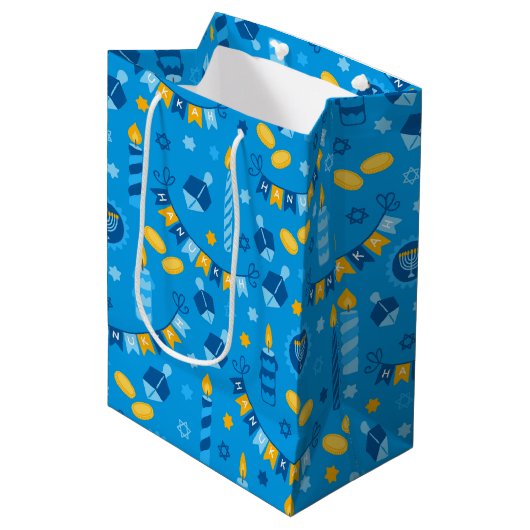 Sac Cadeau Moyen Chanukah Streamers Hanoukka Bannières Bleues (Devant Angle)