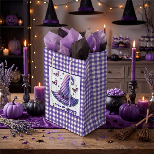 Sac Cadeau Moyen Chapeau de sorcière Halloween en gingham violet et