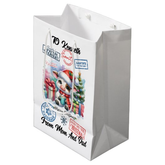 Sac Cadeau Moyen Charmant Père Noël Sack Avec Vache Festive (Devant Angle)